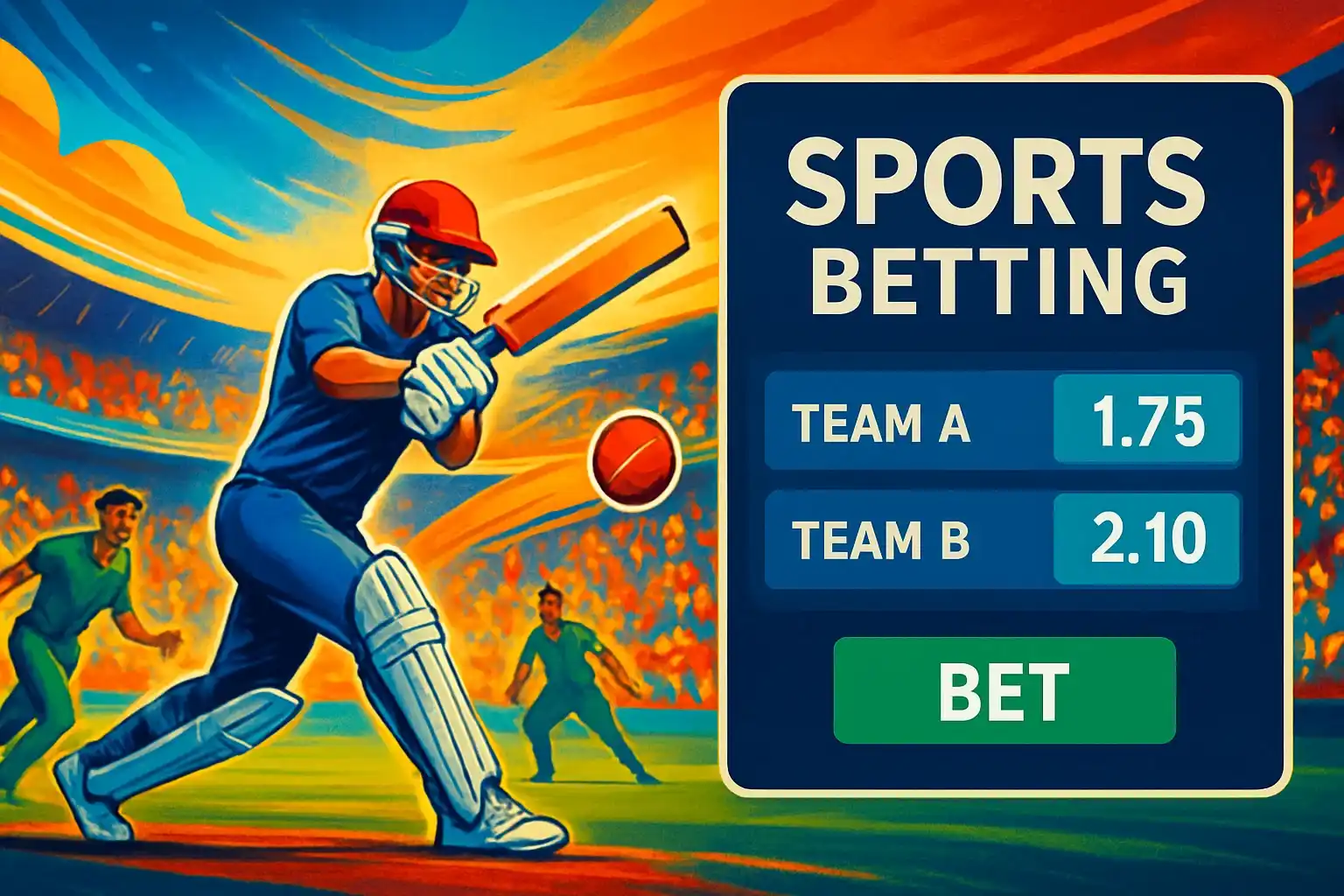 Sports betting banner with cricket action, stadium crowd, and betting overlay
