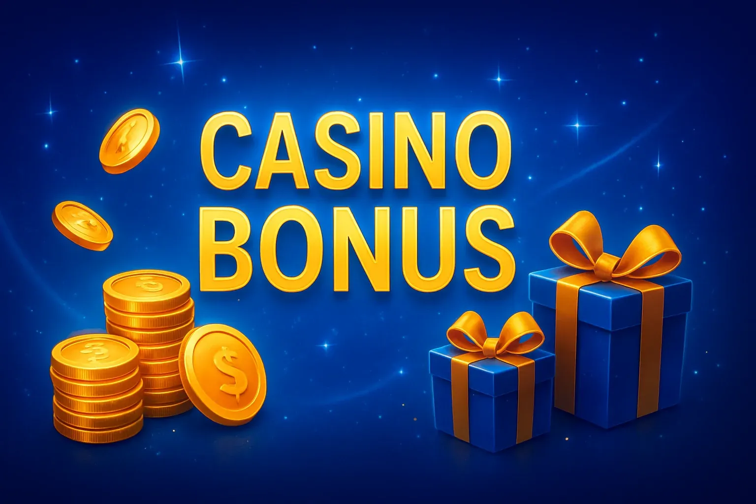 Casino bonus banner with golden coins, gift boxes, and sparkle effects