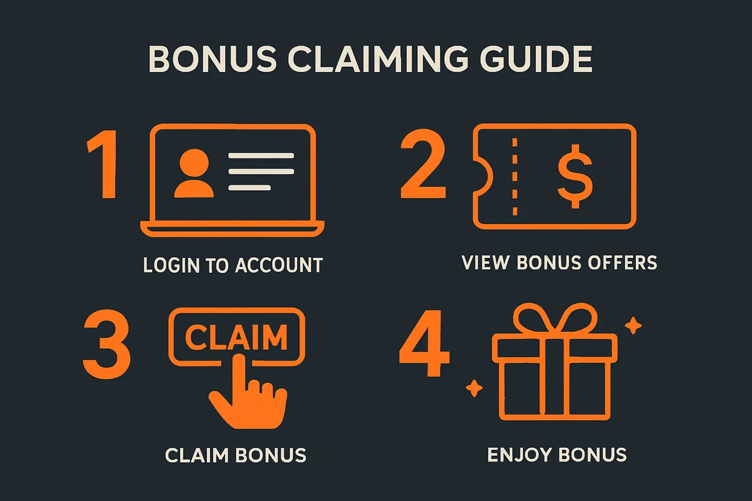 Step-by-step bonus claiming guide infographic with numbered steps on dark background
