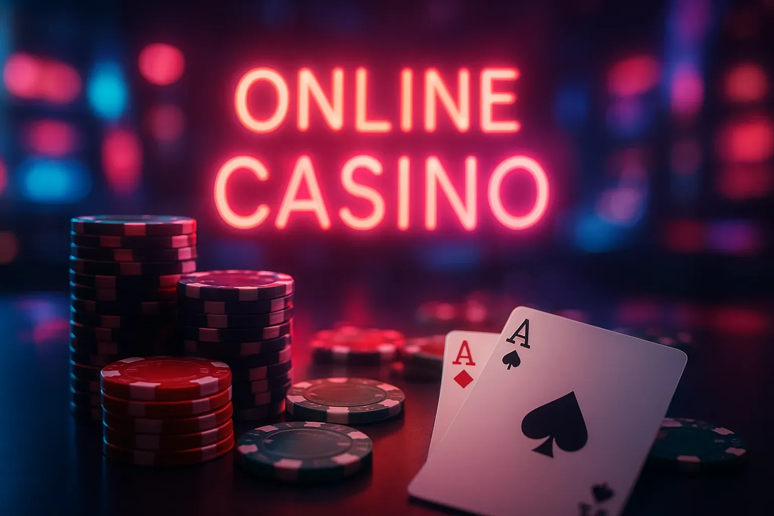 Luxury online casino hero banner with neon lights, chips and cards