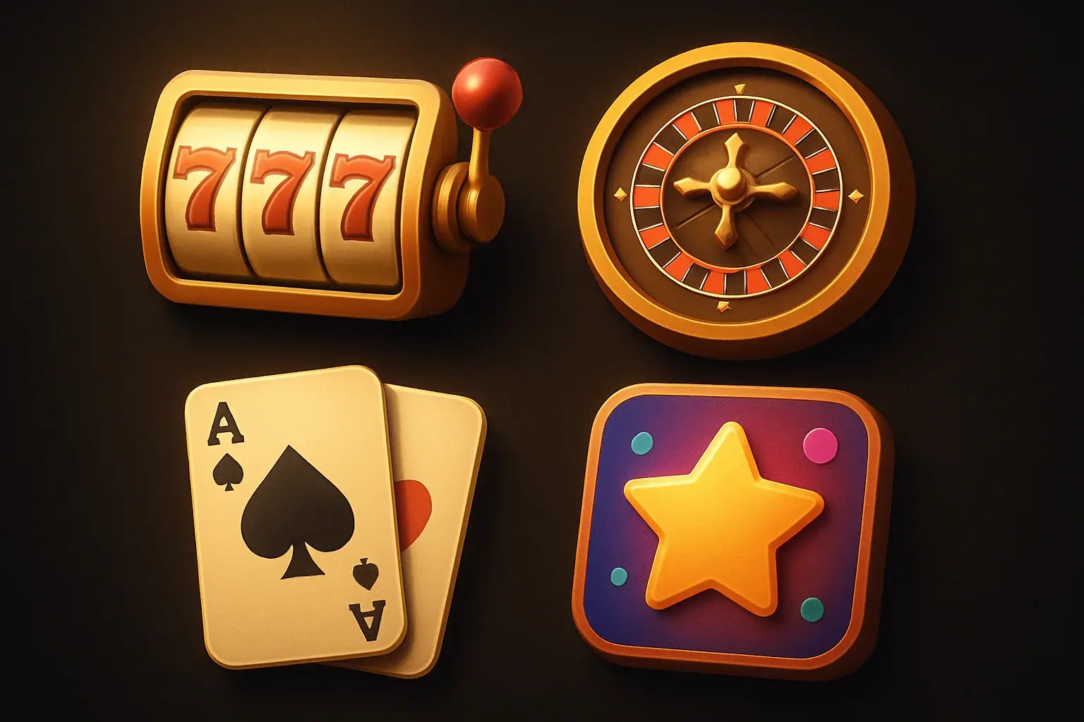 Popular casino game icons with roulette, cards, slots, and dark UI