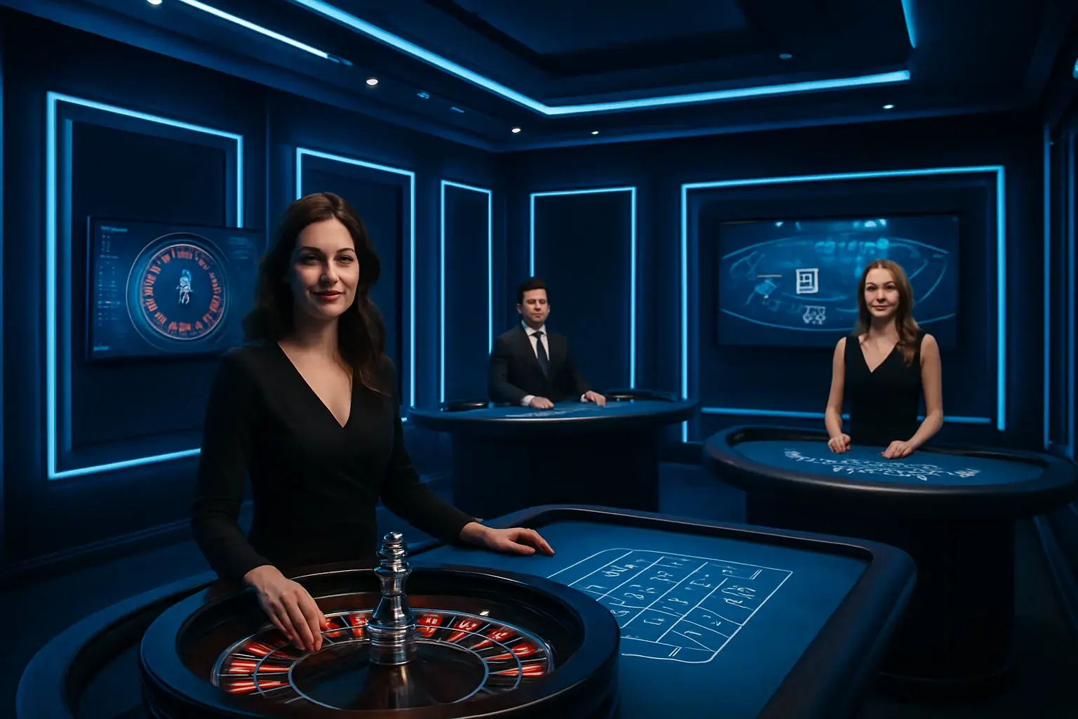Elegant live casino studio with dealers, roulette and blackjack screens