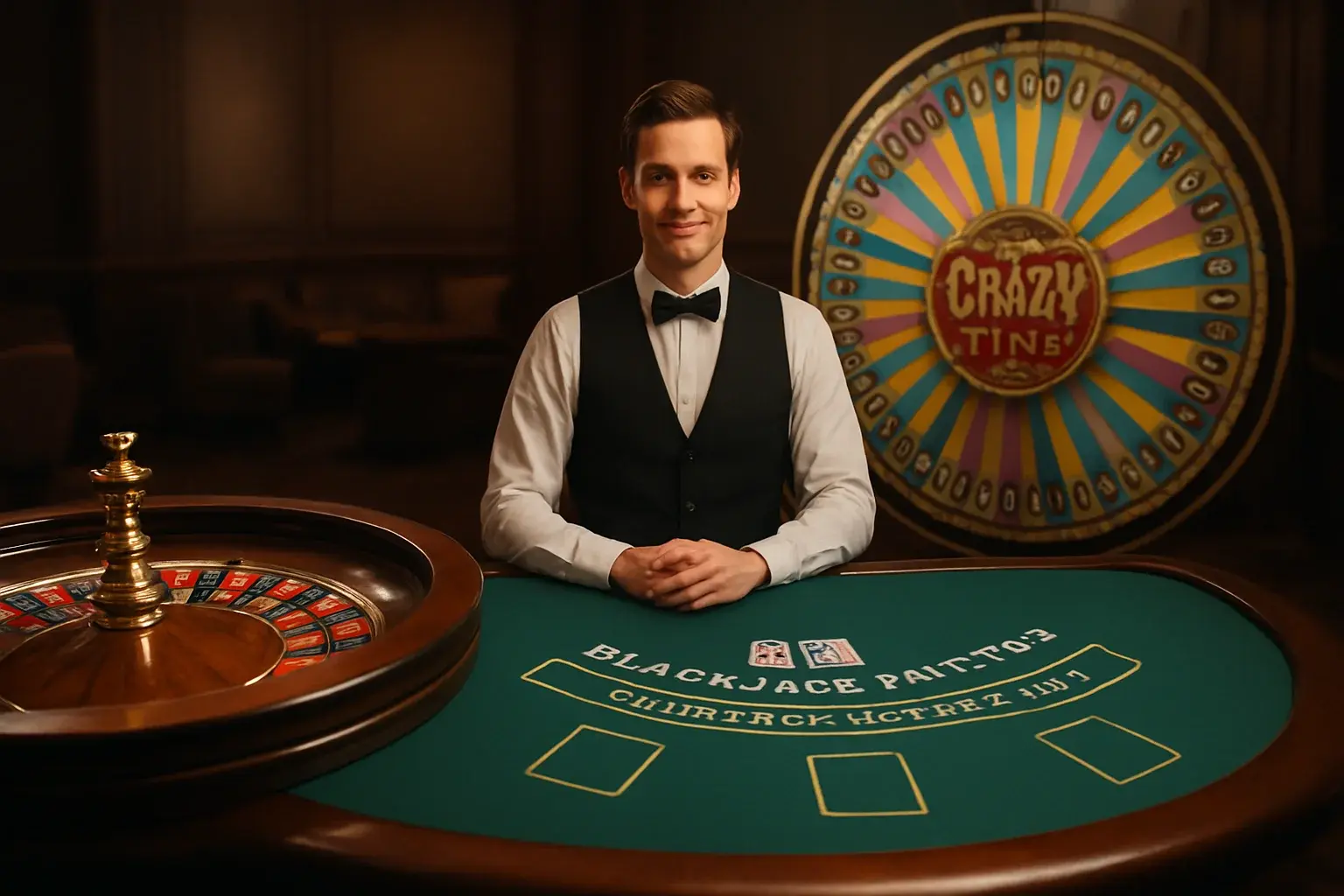 Live casino game cards with roulette, blackjack, Crazy Time, and dealer