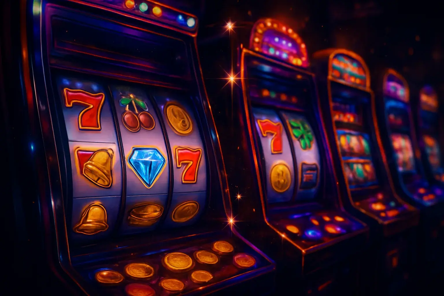 Colorful casino slot machines with coins, diamonds, sevens, and sparkle effects