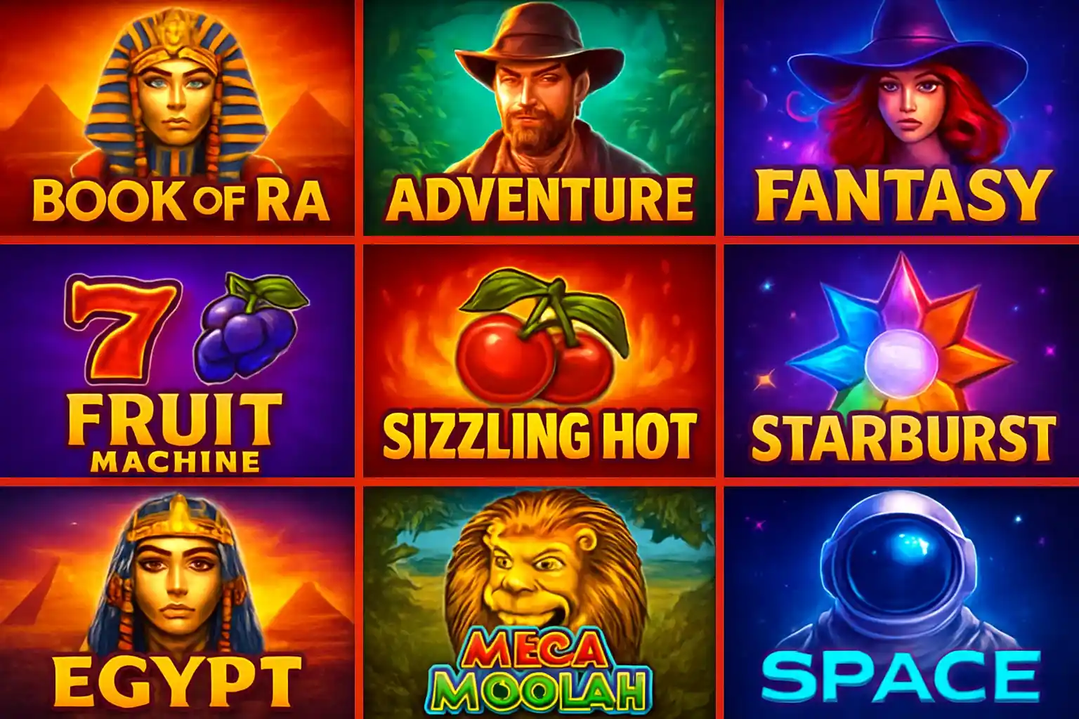 Grid of popular slot game thumbnails with Egypt, fantasy, fruit, sci-fi themes